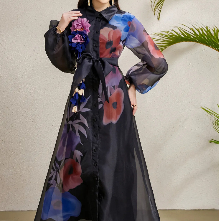 French Court-Style Dress for Women, High-End, Elegant, with Tie-Waist, Lantern Sleeves, Printed, Single-Breasted, Mesh, Elegant Long Dress