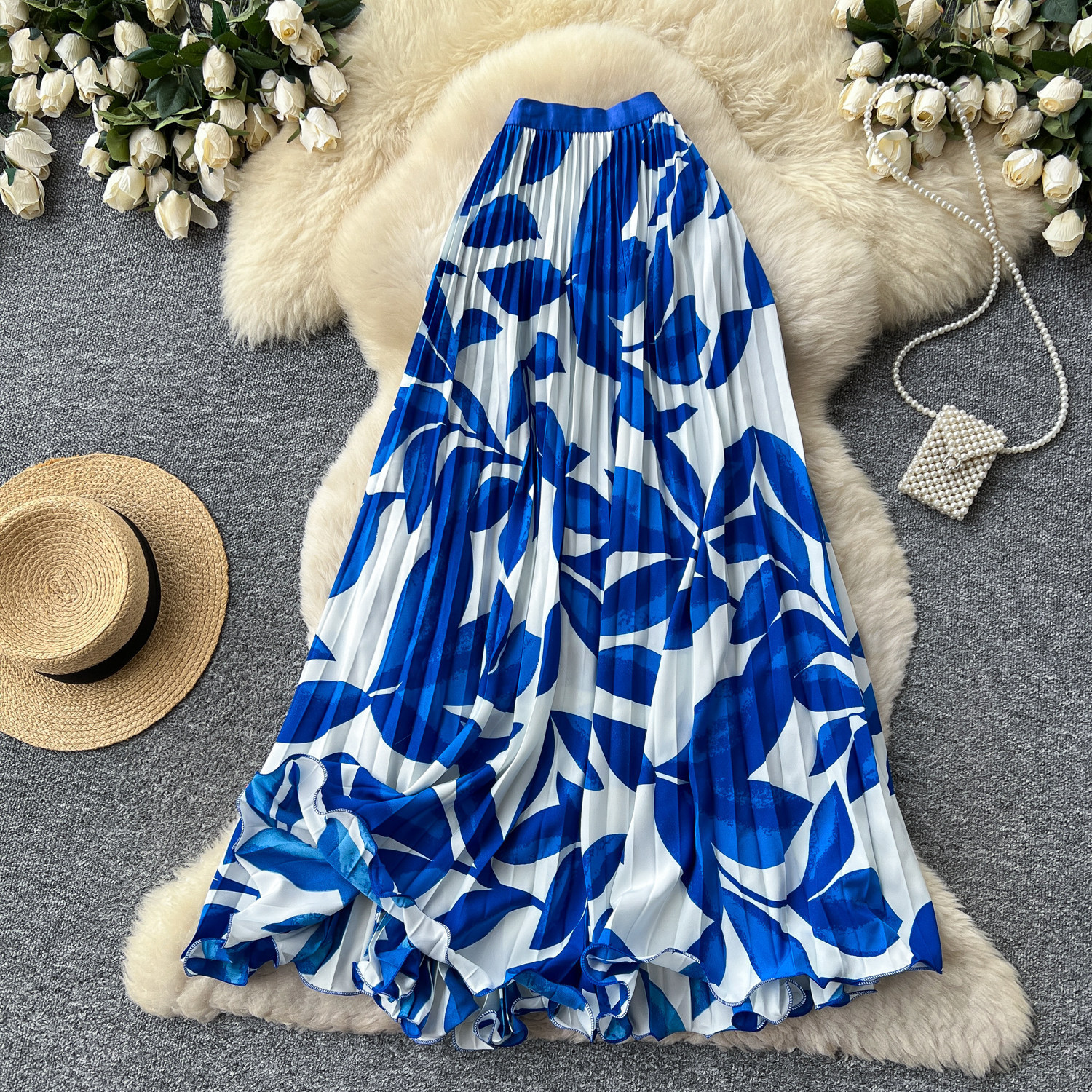 High Waisted Slimming Pleated Midi Skirt for Women French Style Printed A-Line Perfect for Summer Vacation And Work_ecoleips.com