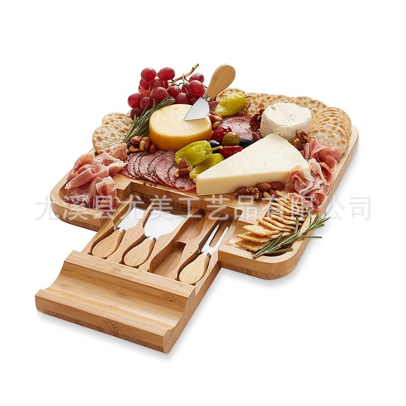 Tablero de queso de bambú transfronterizo traje de queso tablero de corte de cajón cuadrado tablero de pizza con cuatro cuchillos