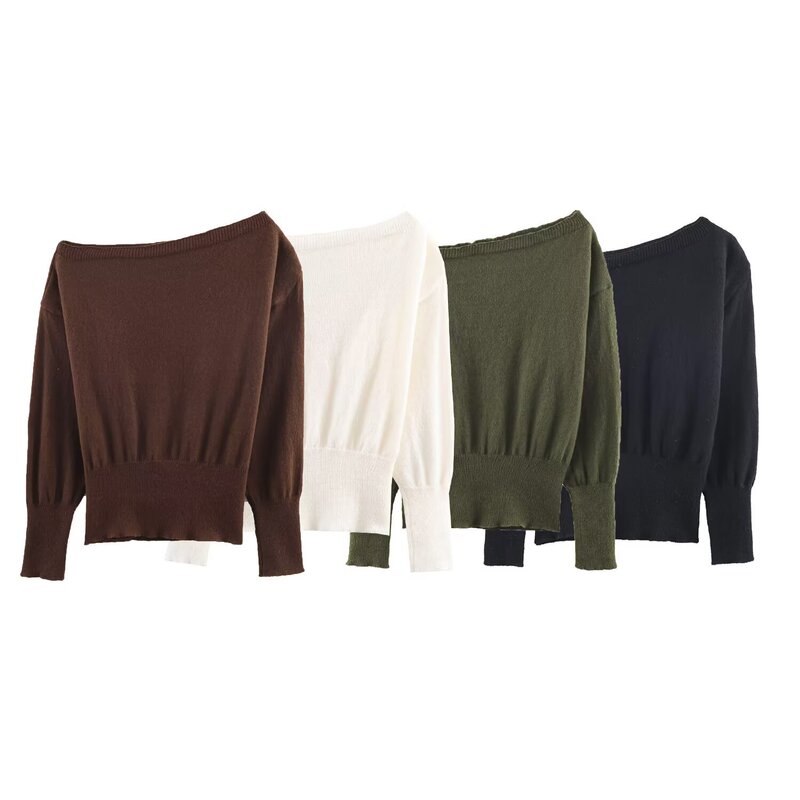 Foreign Trade Wholesale Autumn New European and American Style One-Line Collar Off-Shoulder Long-Sleeved Knitwear