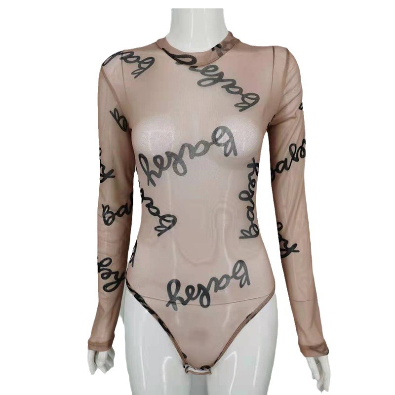 Estilo europeo y americano 2023 verano nuevas mujeres cuello redondo manga larga Camiseta ver-a través de malla sexy mono Delgado