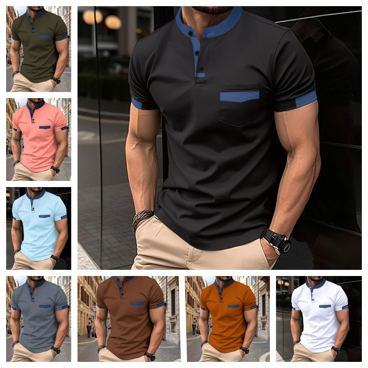European and American ins cross-border 2025 summer Amazon men's color matching pocket POLO shirt sports Henry shirt