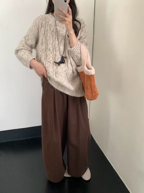 秋冬基础款麻花套头毛衣女宽松纯色软糯圆领长袖针织百搭内搭女装|undefined