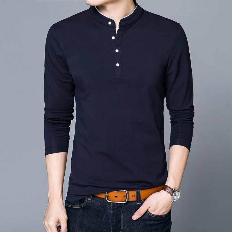 Pure Cotton Long-Sleeved T-Shirt Men's Spring & Fall Korean Style Slim Fashion Bottoming Shirt Pure Cotton Autumn Coat Pure Color Versatile for Young and Middle-Aged People