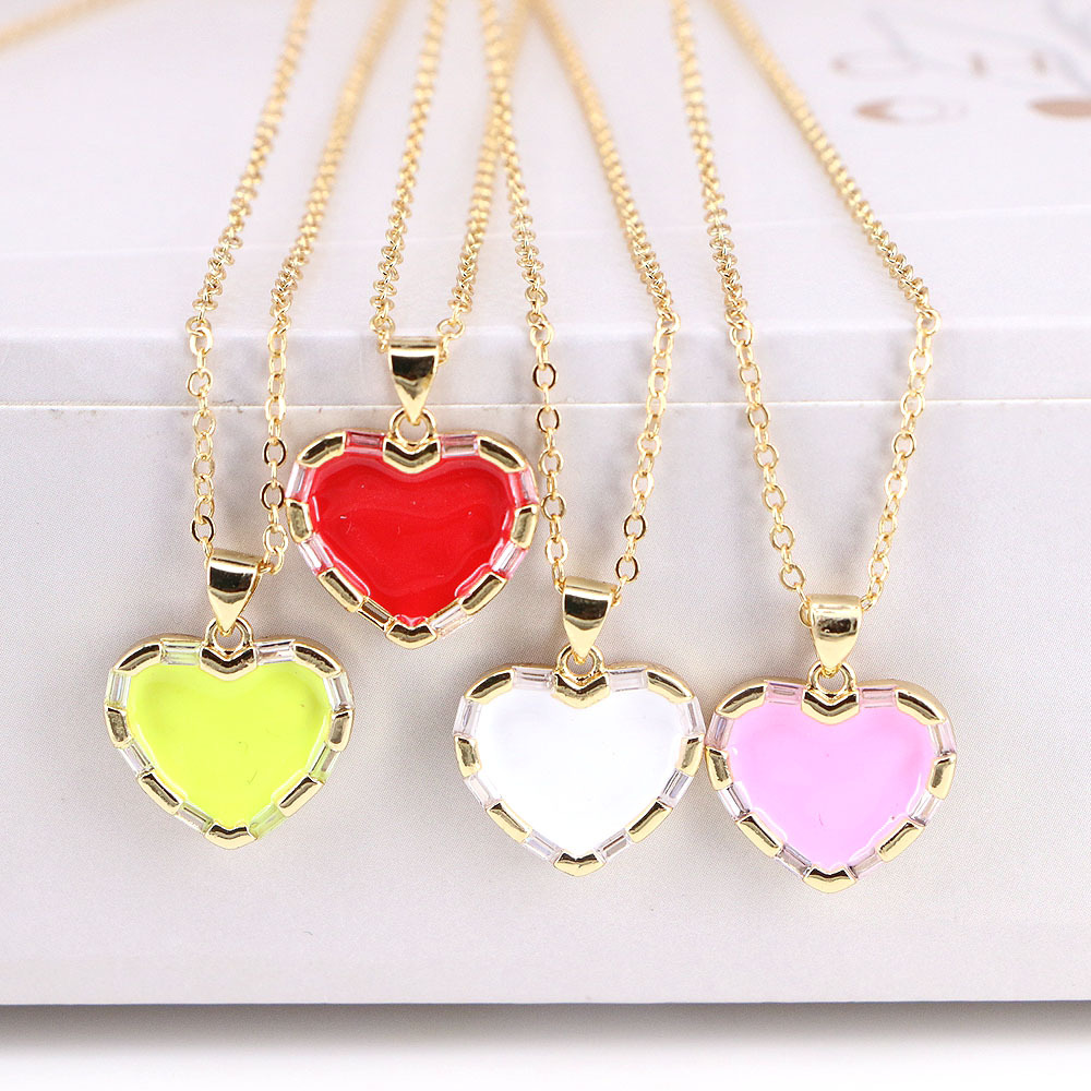 European And American Color Dripping Oil Copper Heart Pendant Necklace display picture 3