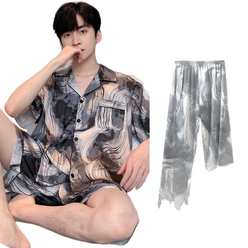 Verano seda de hielo Jacquard pijama hombre delgado alto sentido ligero lujo casual ropa de casa de tres piezas set en vivo