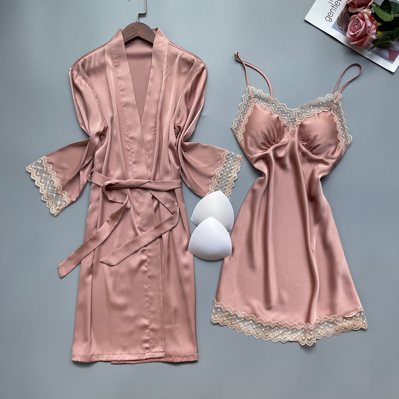 New Solid Color Lace Sexy Lace Women's Spring and Autumn Silk Sling Nightgown Thin Nightgown Two-piece Set with Chest Pad