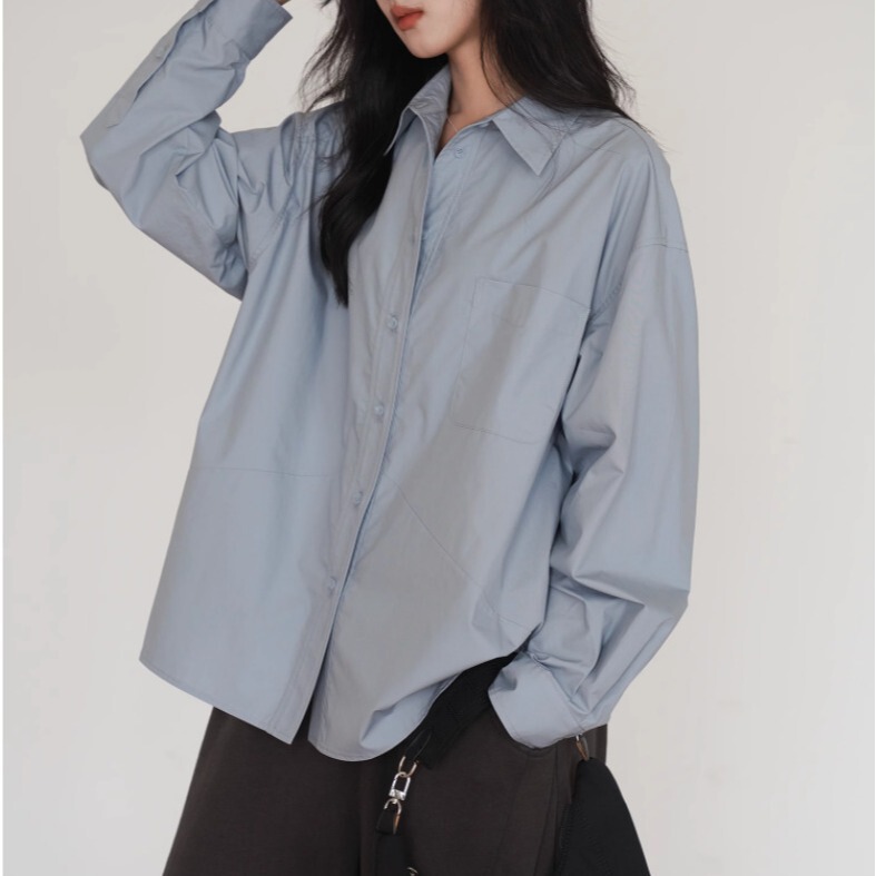 Wushan Blue Cotton Long-Sleeved Shirt New Shirt Women's Autumn Hong Kong Style Casual Design Top