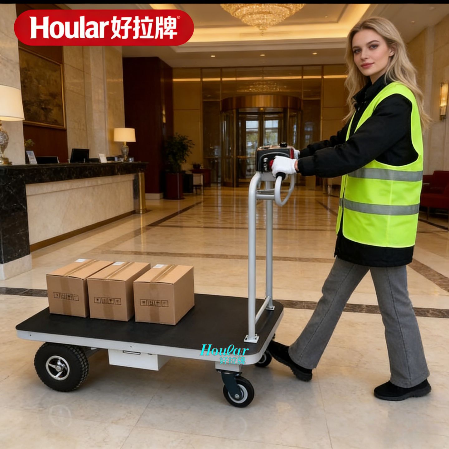 跨境HOULAR电动平板车Electric Platform Cart高配送餐车手推车