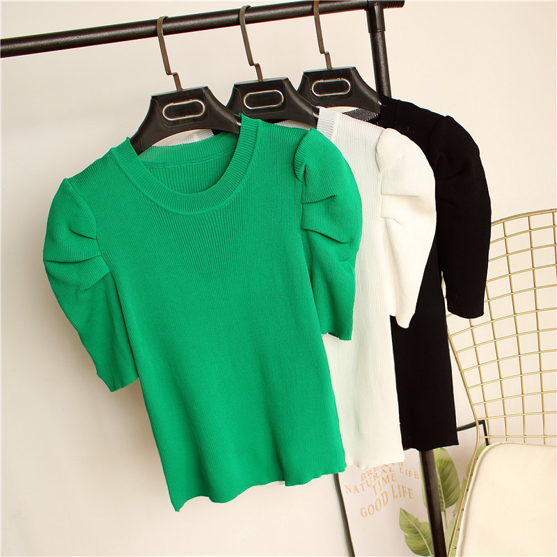 春夏新款复古泡泡袖冰丝针织衫T恤女洋气五分袖显瘦打底衫薄上衣