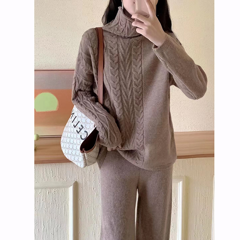 (2개) 하이 칼라 트위스트 와이드 레그 팬츠 2 피스 여성용 2023 가을 및 겨울 새로운 한국 스타일 스레드 게으른 스타일 니트 스웨터