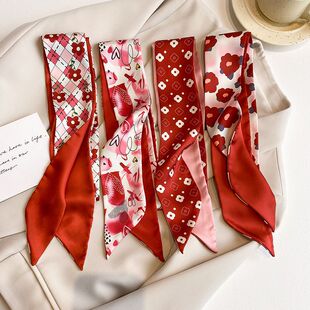 White Tomato Red Double-Sided Fashionable Small Silk Scarf Women's Korean Style Hair Band Summer Decoration Tie Bag Ribbon Long Scarf