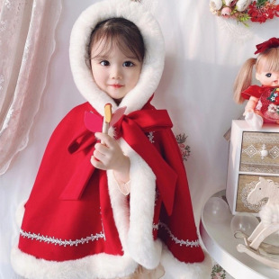 Girls' Autumn and Winter 2022 New Style Cloak for Baby Girls Going Out Red Hooded and Fleece Coat Princess Style Western Style Shawl