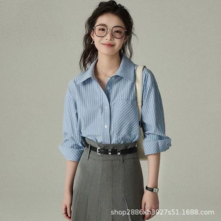 条纹衬衫女复古港风高级蓝外穿长袖防晒衬衣春秋外穿薄款通勤上衣