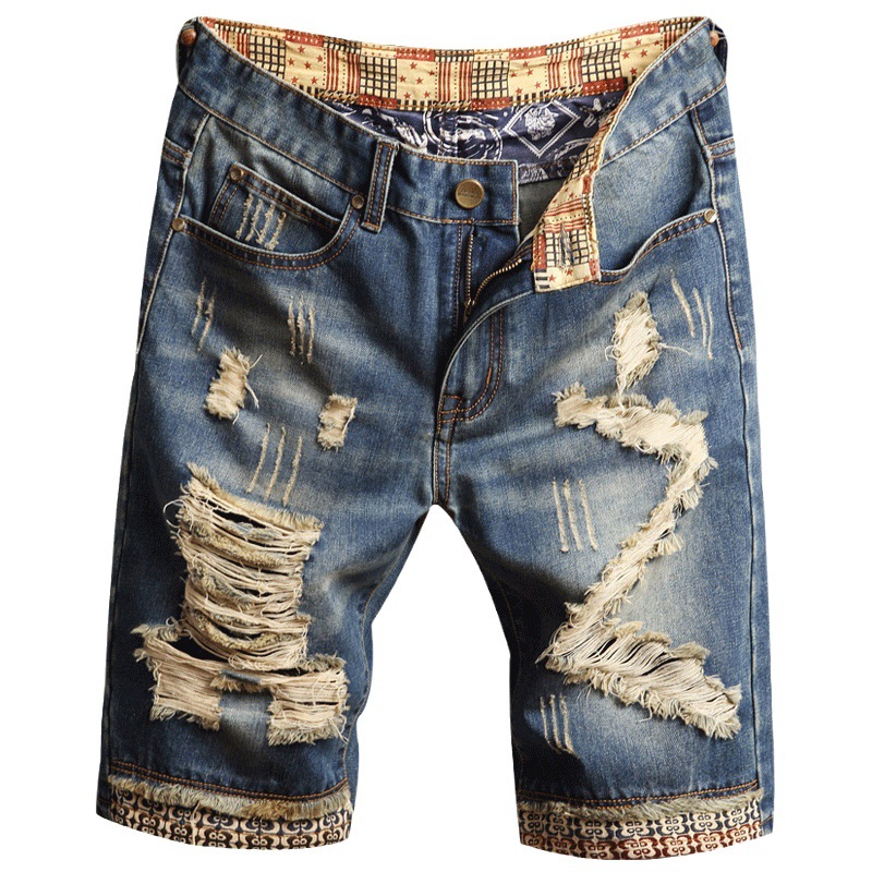 Jeansshorts fir Männer mat gerappte Lächer, 5/4 P, trendy Männer villfälteg iwwerdimensionéiert Slim Fit, 5/5 Jeansshorts, Bettler_voghion.com