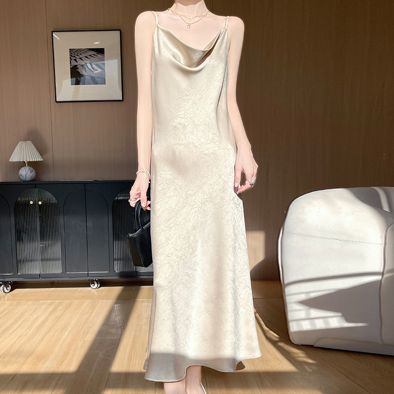 Spring 2025 New French Acetate Satin Swing Collar Grabber Suspender Dress Sequined High Waist Long Skirt