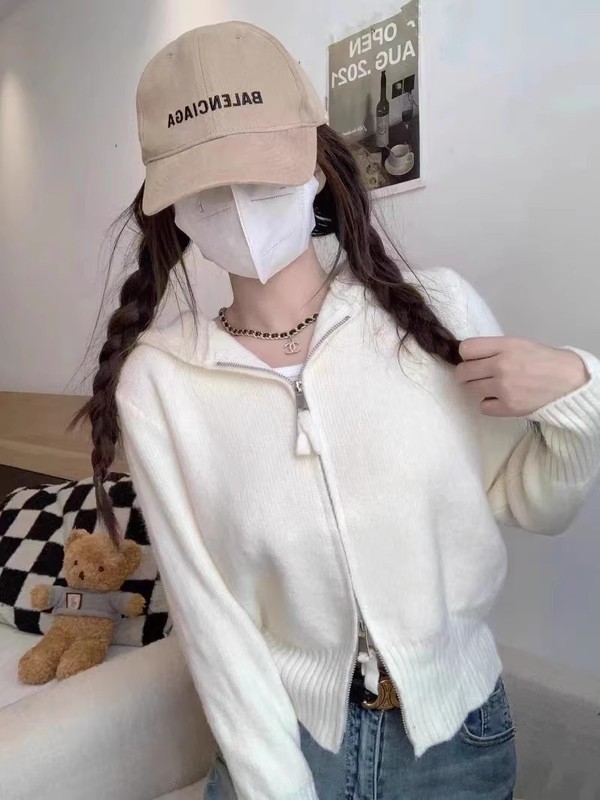 100纯羊毛针织开衫女式连帽双拉链外套修身显瘦韩系风短款外搭潮|undefined
