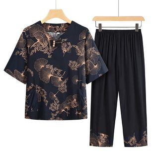 2025 New Mother's Summer Suit, Middle-Aged and Elderly Female Mother's Short-Sleeved Cotton Silk Tang Suit Grandma's Two-Piece Suit