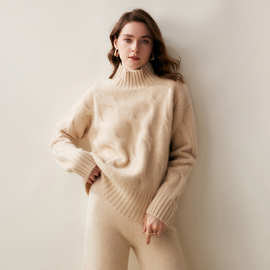 2026秋冬新款山羊绒衫女半高领三股加厚大麻花慵懒毛衣宽松针织衫