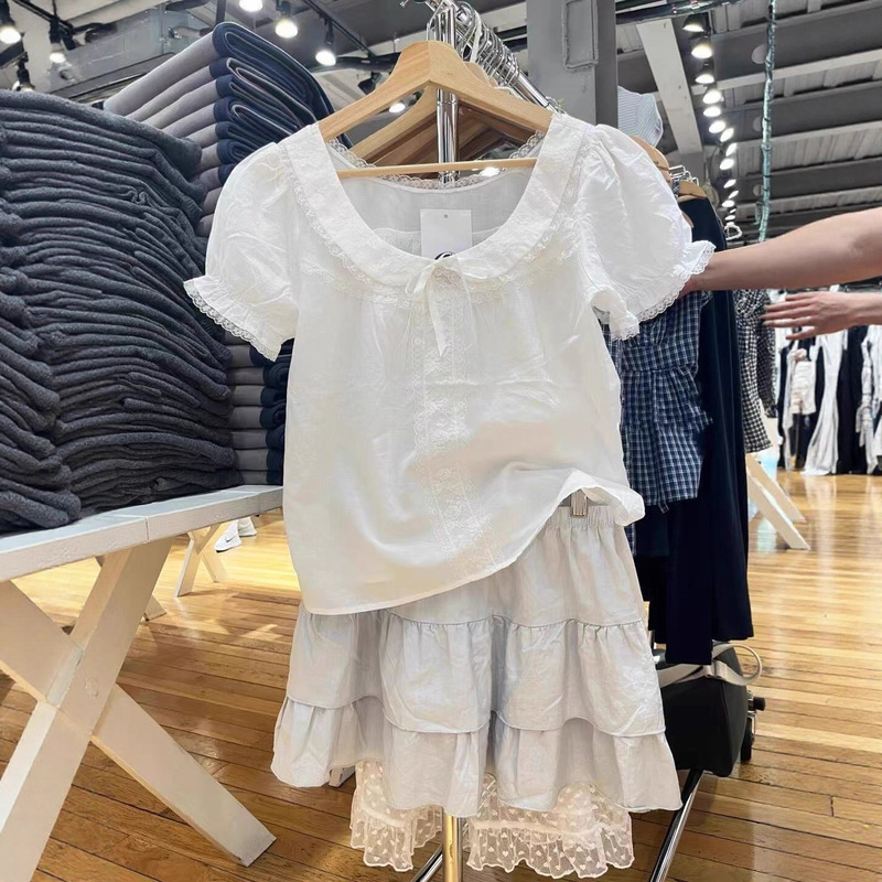Bm Style White Lace Doll Collar Bow Puff Sleeve Shirt Women's Short Ruffled Shirt Top Summer