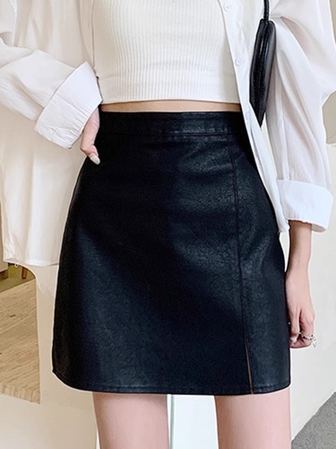 Women's 2025 High-Waisted Slimming & Stylish PU Bodysuit Skirt, Fashion Korean Version, Small Figure A-Line Skirt