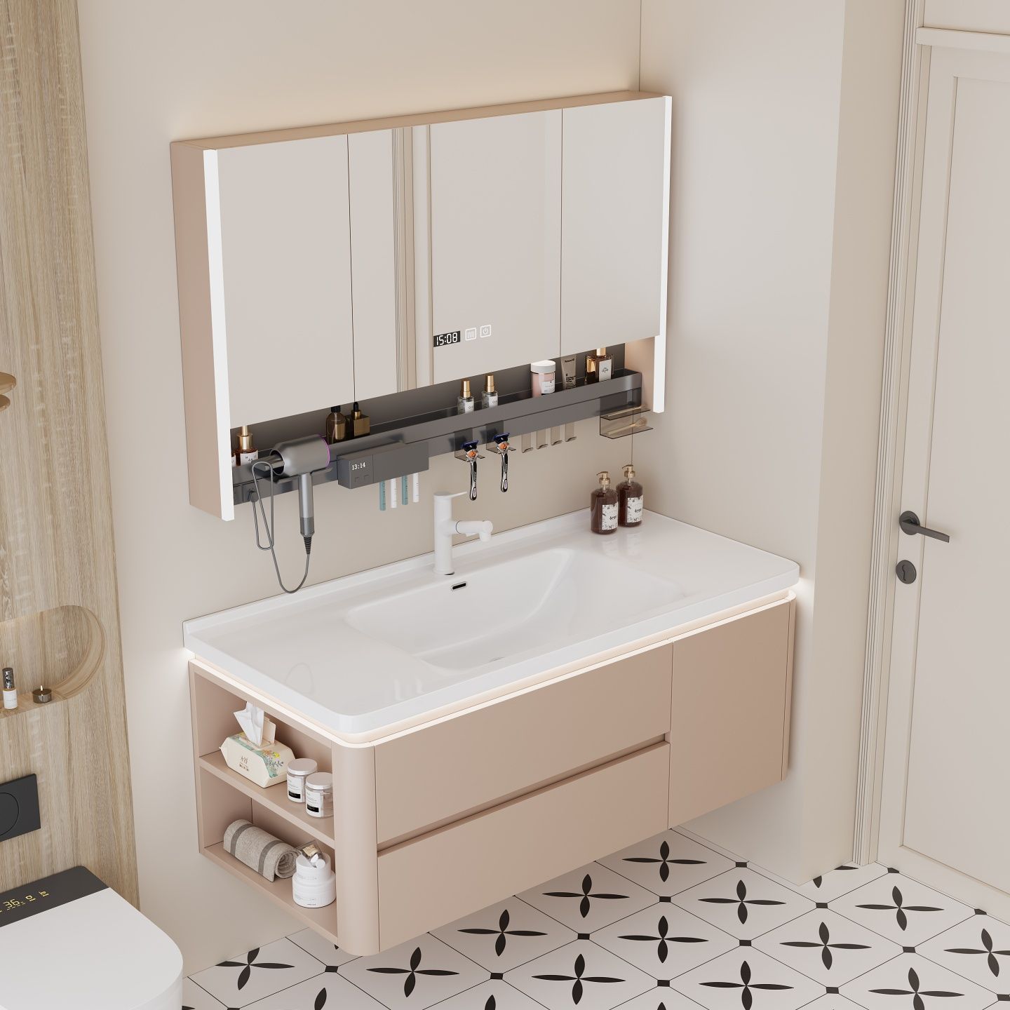 Cream Solid Wood Side Storage Bathroom Cabinet Combination Ceramic Integrated Bathroom Wash Smart Hand Wash Basin Cabinet