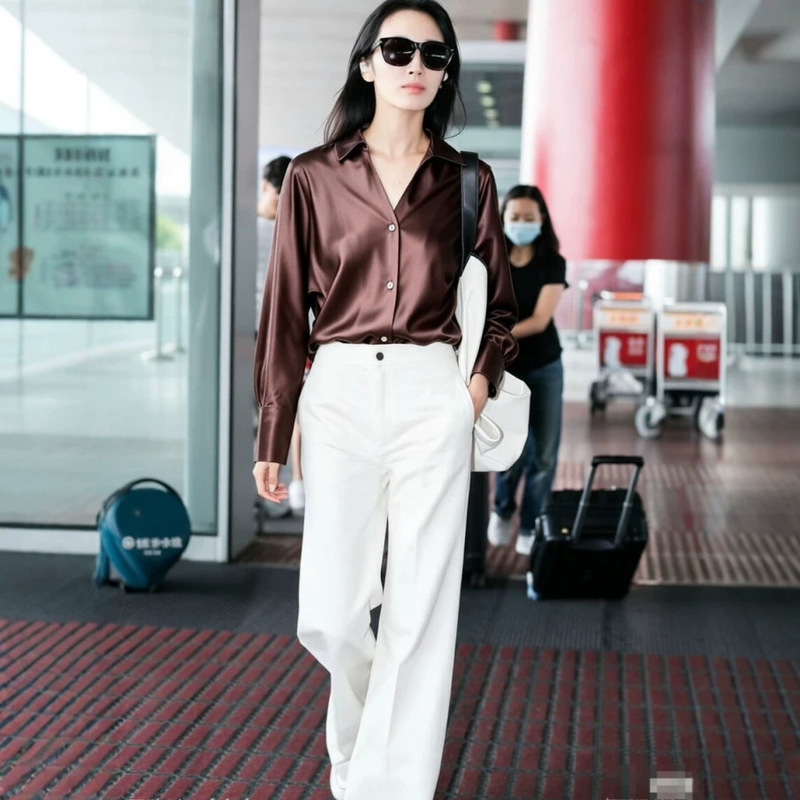 Wang Zixuan's Same Style Vin Silk Shirt for Women, New High-End Luxury Silk Satin Blouse for Women Wang Zixuan's Same Style Vin Silk Shirt for Women, New High-End Luxury Silk Satin Blouse for Women