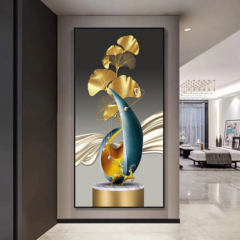 Pintura decorativa de vestíbulo de lujo ligero de alto nivel de alce hojas doradas pasillo colgar pintura de la sala de patrón colgar pintura suave