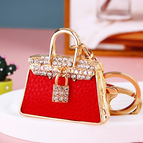 Diamond-encrusted leather small shoulder bag car keychain for women Korean fashion creative bag pendant metal key chain ring gift