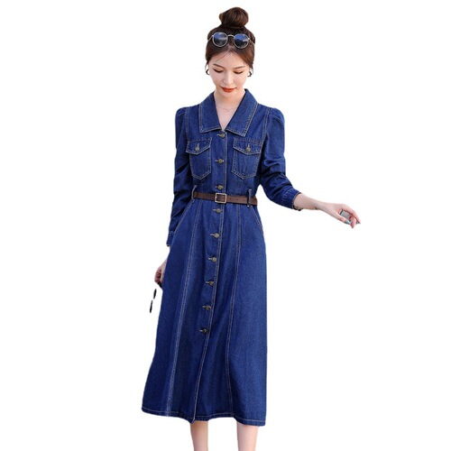2025 Spring/Summer New Korean-Style Mid-Length Waist-Slimming Elegant A-Line Skirt, Slimming Shirt, Denim Dress for Women