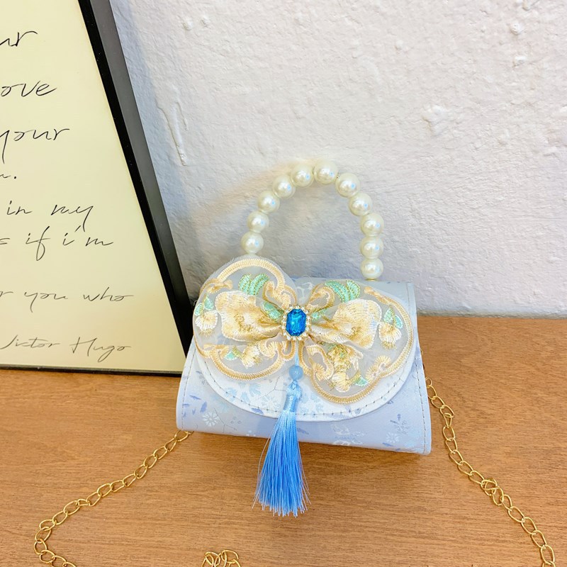 Bolso de princesa de niñas 2025, otoño nueva chica lindos bordillos de encaje mochila bolso de perlas de estilo chino Aisha