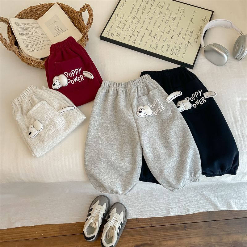 男女子供2025春秋新作可愛いファッション子犬ポケット衛ズボン秋冬スタイル洋気超萌えカジュアルズボン