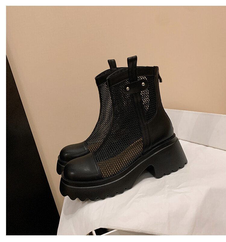 Boot nữ cổ cao đế dày gót bánh xốp da bò lưới thoáng khí xuân hè 2024 — Màu đen, Màu trắng be chi tiết 36