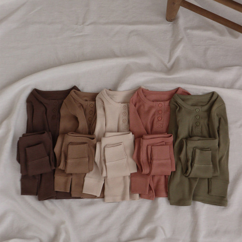 Cotton Small Pit Strip Set Korean Style Base Layer Children's Pajama Set Air Conditioner Two-Piece Pajama Spring and Autumn Children's Clothing Wholesale Antibacterial