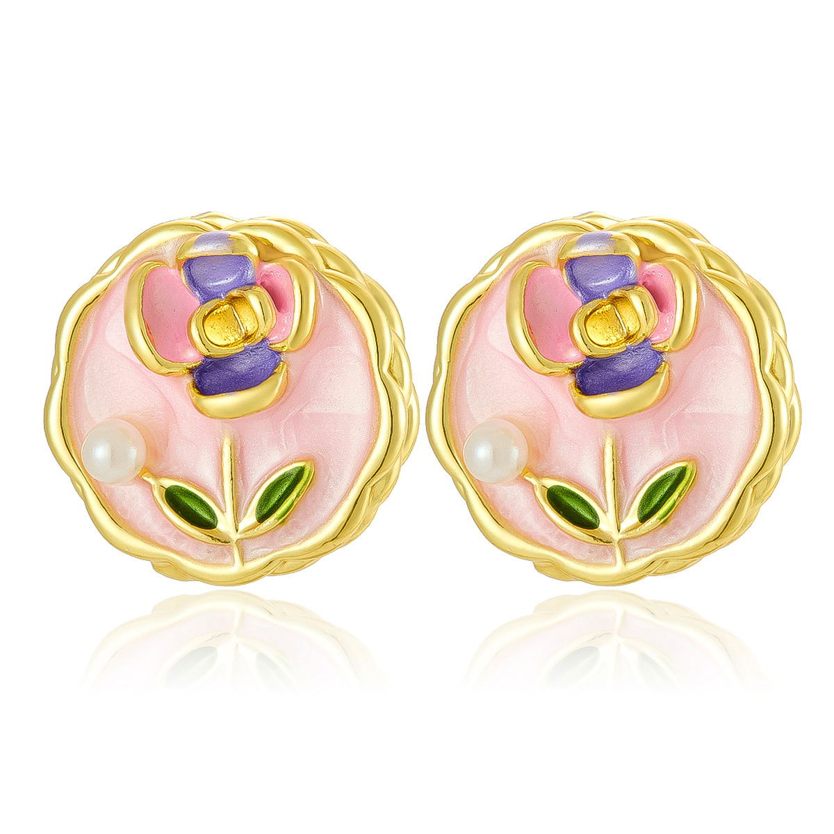 Nuevo estilo transfronterizo Pendientes de aceite de gota de perlas de imitación retro francés Pendientes de flores pintadas de alta calidad de esmalte de lujo ligero