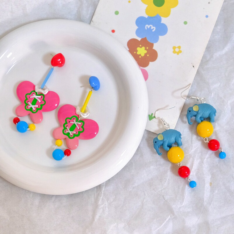 Cute Circus Playful Childlike Contrast Color Elephant Personalized Earrings Handmade Rope Colored Butterfly Beaded Earrings Women