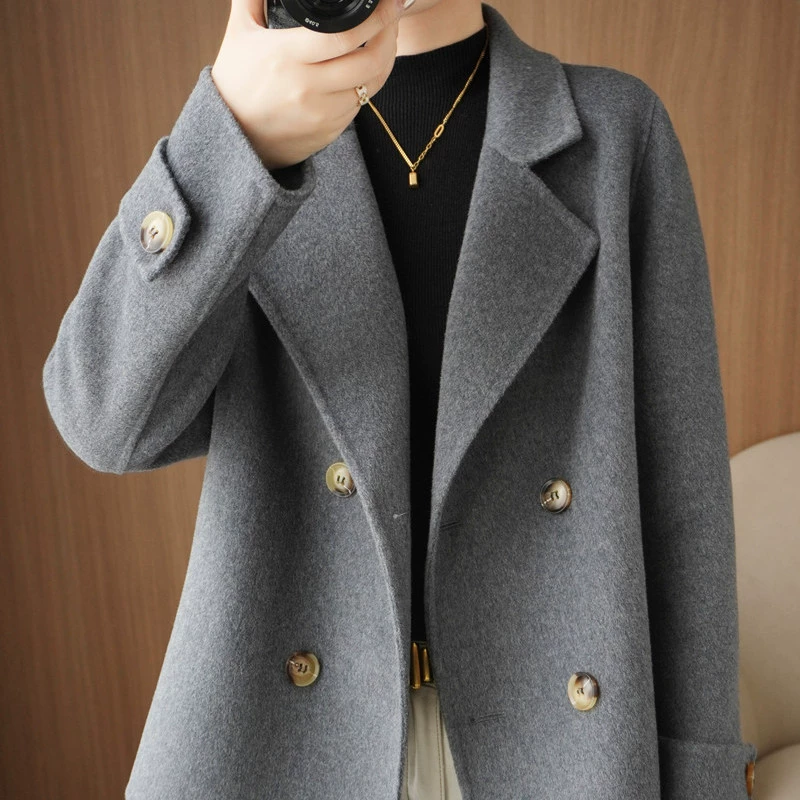 Короткое демисезонное шерстяное пальто, для подростков, двубортный oversized крой, camel/черный/белый/серый