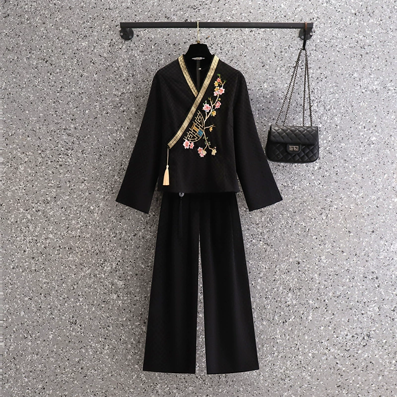  Demi-season velvet retro cheongsam, trousers for work, with embroidery, Chinese style