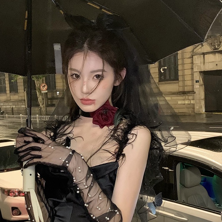 Elf de la bruja oscura Halloween disfraz de fantasma de la novia velos de cabeza arco negro tocado extraño vestido de cabello mujer