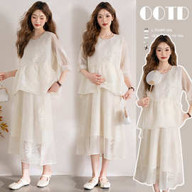 实拍现货2025夏新款孕妇韩版新中式甜美超仙上衣+托腹半身裙套装