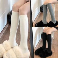 Calf socks, autumn and winter white warm stockings, college style slimming striped pile socks, solid color socks, long boot socks