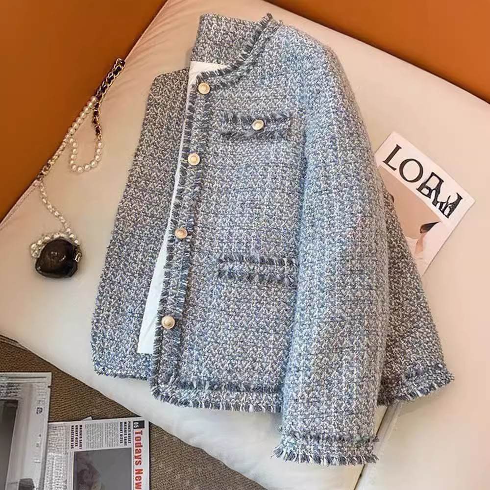 This Year's Popular Beautiful Blue Chanel-Style Jacket, New Spring and Autumn Outfit, Tweed Elegant Socialite Top