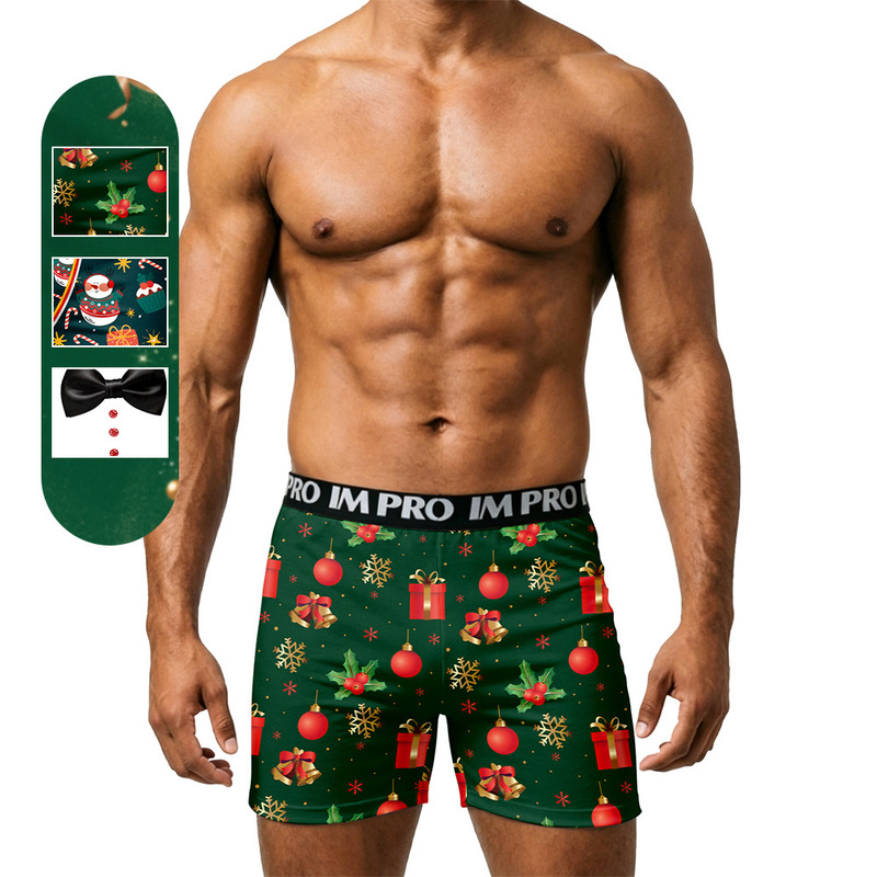Cross-border Christmas men's boxer briefs in dark green with Christmas gift ball and snowflake 3D digital print, mid-rise four-corner underwear