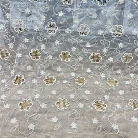 天丝浮雕花朵加珠片刺绣盘绳绣花 3D绣花 立体绣花 童装女装布料