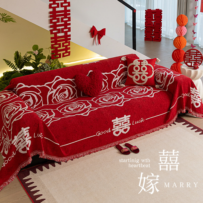 Una gran toalla de sofá rojo festivo, una decoración de la casa de bodas universal de cuatro estaciones, una manta de sofá de envoltura completa.