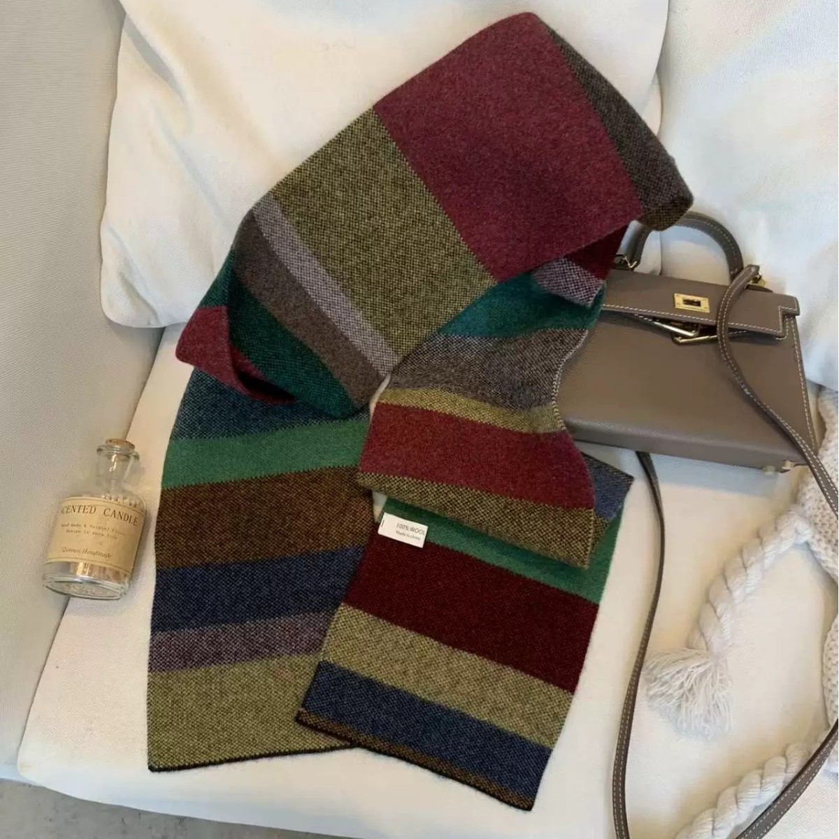 Rainbow Square Wool Knit Scarf for Women 2025 Autumn and Winter Dopamine Colorful Striped Neck Warmer Shawl