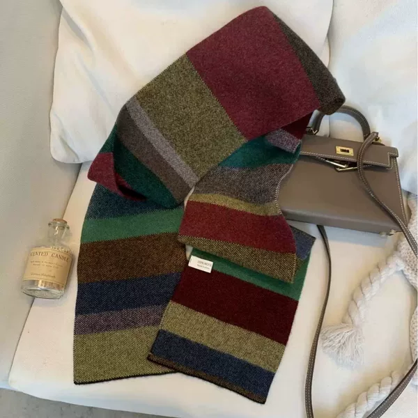 Rainbow Square Wool Knit Scarf for Women 2025 Autumn and Winter Dopamine Colorful Striped Neck Warmer Shawl