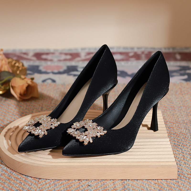 Rhinestone Square Buckle Black High Heels for Women's New Slim Heels, Niche Design, and A Sharp Toe Single Shoe That Won't Fade Away_voghion.com
