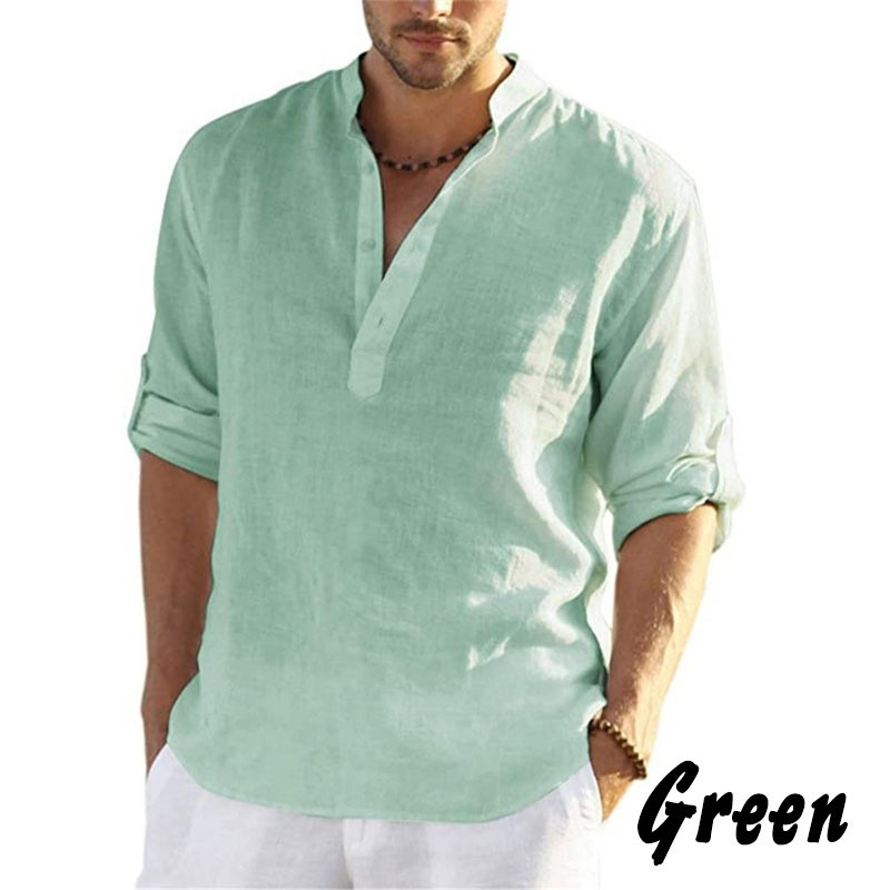 2025 Independent Station Foreign Trade Men's Casual Cotton and Linen Solid Color Long Sleeve Shirt Loose Stand Collar Shirt Men's Fashionable in stock