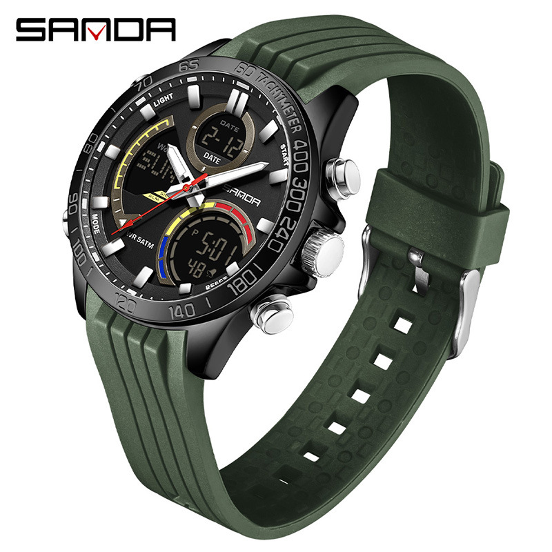 SANDA moda doble pantalla reloj electrónico para hombres multifuncional gran dial reloj de estudiantes de luz nocturna reloj de pulsera
